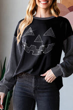 Load image into Gallery viewer, Black Halloween Rhinestone Pumpkin Face Contrast Ribbed Long Sleeve Patchwork Top
