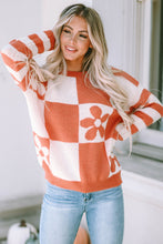 Load image into Gallery viewer, Green Checkered Floral Print Striped Sleeve Sweater
