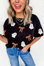 Load image into Gallery viewer, Black Sequin Bow Ghost Patched Halloween Graphic Tee
