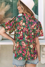Load image into Gallery viewer, Green V Neck Short Bubble Sleeve Paisley Blouse
