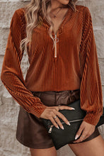 Load image into Gallery viewer, Chestnut Half Zip V Neck Ribbed Velvet Top
