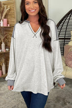 Load image into Gallery viewer, Gray Exposed Seam Ribbed Patchwork V Neck Sweatshirt
