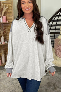 Gray Exposed Seam Ribbed Patchwork V Neck Sweatshirt