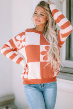 Load image into Gallery viewer, Green Checkered Floral Print Striped Sleeve Sweater
