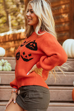Load image into Gallery viewer, Orange Halloween Pumpkin Face Pattern Drop Shoulder Sweater
