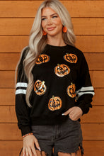 Load image into Gallery viewer, Black Halloween Pumpkin Face Sequin Patched Oversize Varsity Sweatshirt
