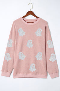 Black Halloween Ghost Corded Crew Neck Loose Sweatshirt