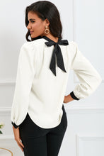 Load image into Gallery viewer, White Color Block Bow Back Mock Neck Blouse
