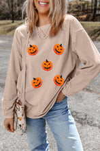 Load image into Gallery viewer, Apricot Twisted Rib Texture Chenille Halloween Pumpkin Patched Drop Shoulder Sweatshirt
