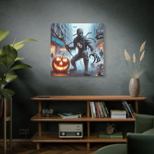 Load image into Gallery viewer, Halloween Canvas Art, Spooky Decor for Fall Celebrations, Mummy with Pumpkins, Cozy Wall Art, Haunted House Vibes

