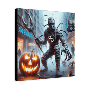 Halloween Canvas Art, Spooky Decor for Fall Celebrations, Mummy with Pumpkins, Cozy Wall Art, Haunted House Vibes