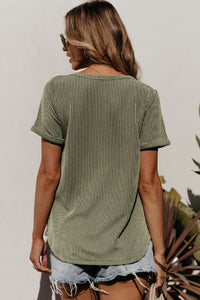 Carbon Grey Twist Short Sleeve Corded V Neck Top