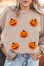 Load image into Gallery viewer, Apricot Twisted Rib Texture Chenille Halloween Pumpkin Patched Drop Shoulder Sweatshirt
