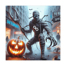 Load image into Gallery viewer, Halloween Canvas Art, Spooky Decor for Fall Celebrations, Mummy with Pumpkins, Cozy Wall Art, Haunted House Vibes
