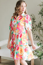 Load image into Gallery viewer, Green Floral Puff Sleeve Collar Buttoned Babydoll Dress
