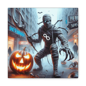 Halloween Canvas Art, Spooky Decor for Fall Celebrations, Mummy with Pumpkins, Cozy Wall Art, Haunted House Vibes