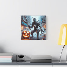 Load image into Gallery viewer, Halloween Canvas Art, Spooky Decor for Fall Celebrations, Mummy with Pumpkins, Cozy Wall Art, Haunted House Vibes
