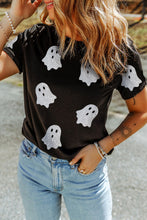 Load image into Gallery viewer, Black Glitter Ghost Pattern Crew Neck Halloween T Shirt
