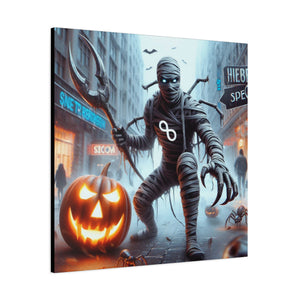 Halloween Canvas Art, Spooky Decor for Fall Celebrations, Mummy with Pumpkins, Cozy Wall Art, Haunted House Vibes