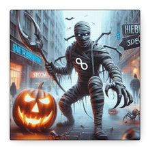 Load image into Gallery viewer, Halloween Canvas Art, Spooky Decor for Fall Celebrations, Mummy with Pumpkins, Cozy Wall Art, Haunted House Vibes
