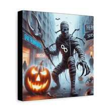 Load image into Gallery viewer, Halloween Canvas Art, Spooky Decor for Fall Celebrations, Mummy with Pumpkins, Cozy Wall Art, Haunted House Vibes
