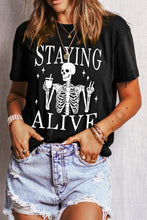 Load image into Gallery viewer, Black STAYING ALIVE Funny Skeleton Print Round Neck T Shirt
