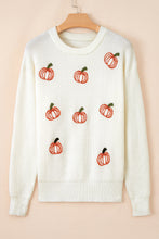 Load image into Gallery viewer, Beige Pumpkin Embroidered Ribbed Thanksgiving Halloween Holiday Sweater
