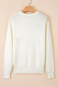 Beige Pumpkin Embroidered Ribbed Thanksgiving Halloween Holiday Sweater