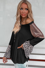 Load image into Gallery viewer, Black Sequin Patchwork Bell Sleeve V Neck Tunic Top
