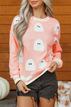 Load image into Gallery viewer, Gossamer Pink Halloween Terry Ghost Striped Trim Loose Sweatshirt
