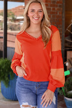 Load image into Gallery viewer, Fiery Red Studded V Neckline Exposed Seam Textured Knit Top
