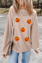 Load image into Gallery viewer, Apricot Twisted Rib Texture Chenille Halloween Pumpkin Patched Drop Shoulder Sweatshirt
