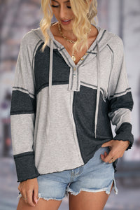 Gray Colorblock Seamed Ribbed Henley Hoodie