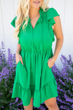Load image into Gallery viewer, Bright Green Split V Neck Elastic Waist Ruffled Dress

