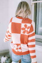 Load image into Gallery viewer, Green Checkered Floral Print Striped Sleeve Sweater
