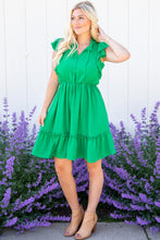 Load image into Gallery viewer, Bright Green Split V Neck Elastic Waist Ruffled Dress
