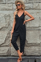 Load image into Gallery viewer, Black Textured Sleeveless V-Neck Pocketed Casual Jumpsuit
