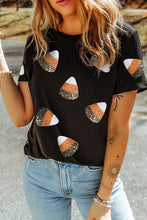 Load image into Gallery viewer, Black Sequin Candy Patched Pattern Halloween T Shirt
