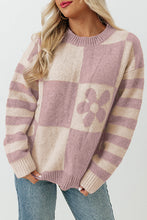 Load image into Gallery viewer, Green Checkered Floral Print Striped Sleeve Sweater
