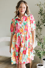 Load image into Gallery viewer, Green Floral Puff Sleeve Collar Buttoned Babydoll Dress
