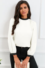 Load image into Gallery viewer, White Color Block Bow Back Mock Neck Blouse
