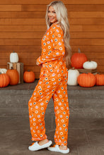 Load image into Gallery viewer, Orange Halloween Print Lapel Shirt Long 2pcs Pajama Set
