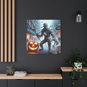 Halloween Canvas Art, Spooky Decor for Fall Celebrations, Mummy with Pumpkins, Cozy Wall Art, Haunted House Vibes