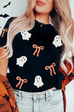 Load image into Gallery viewer, Black Sequin Bow Ghost Patched Halloween Graphic Tee
