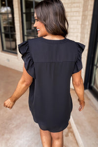 Rose Red Notched Neck Ruffle Sleeve Blouse