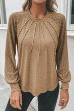 Load image into Gallery viewer, Light French Beige Contrast Lace Raglan Sleeve Plicate Round Neck Top
