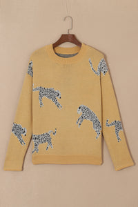 Camel Fuzzy Cheetah Accent Round Neck Sweater