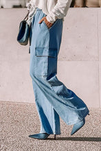 Load image into Gallery viewer, Sky Blue Drawstring High Waist Cargo Pocket Wide Leg Jeans
