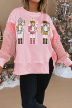 Load image into Gallery viewer, Beau Blue Sequin Nutcracker Textured Sleeve Patchwork Color Block Sweatshirt
