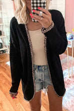 Load image into Gallery viewer, Black Leopard Contrast Waffle Knit Open Front Cardigan
